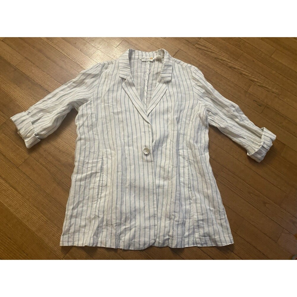 C&C California 100% Linen Roll Tab Striped Blazer Women's Large Beach Lightweigh
